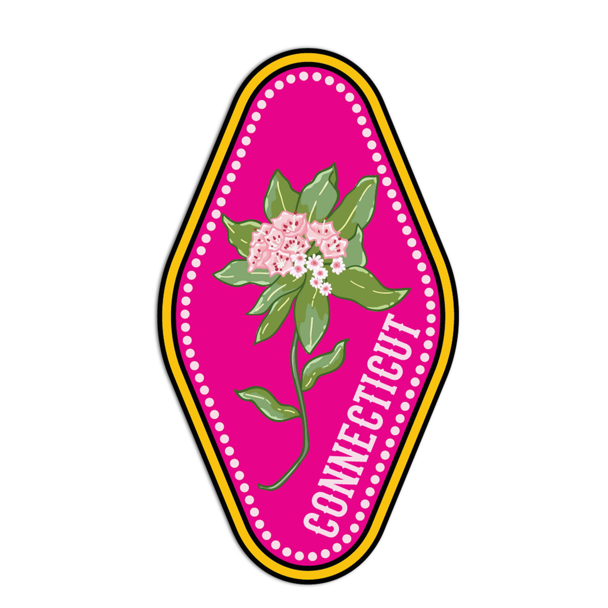 Sticker with a pink background, floral design, and 'Connecticut' text on a white background