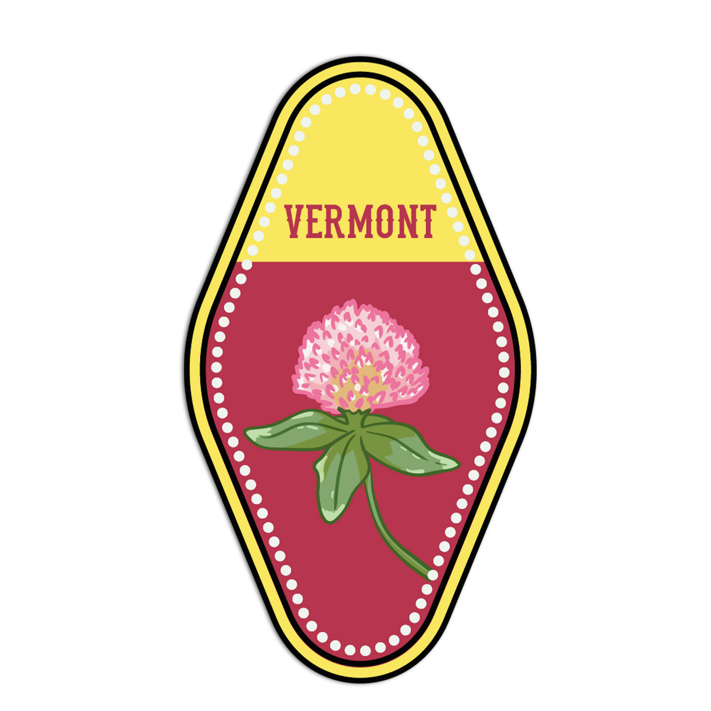 Emblem with a pink flower and 'VERMONT' text on a yellow and red background