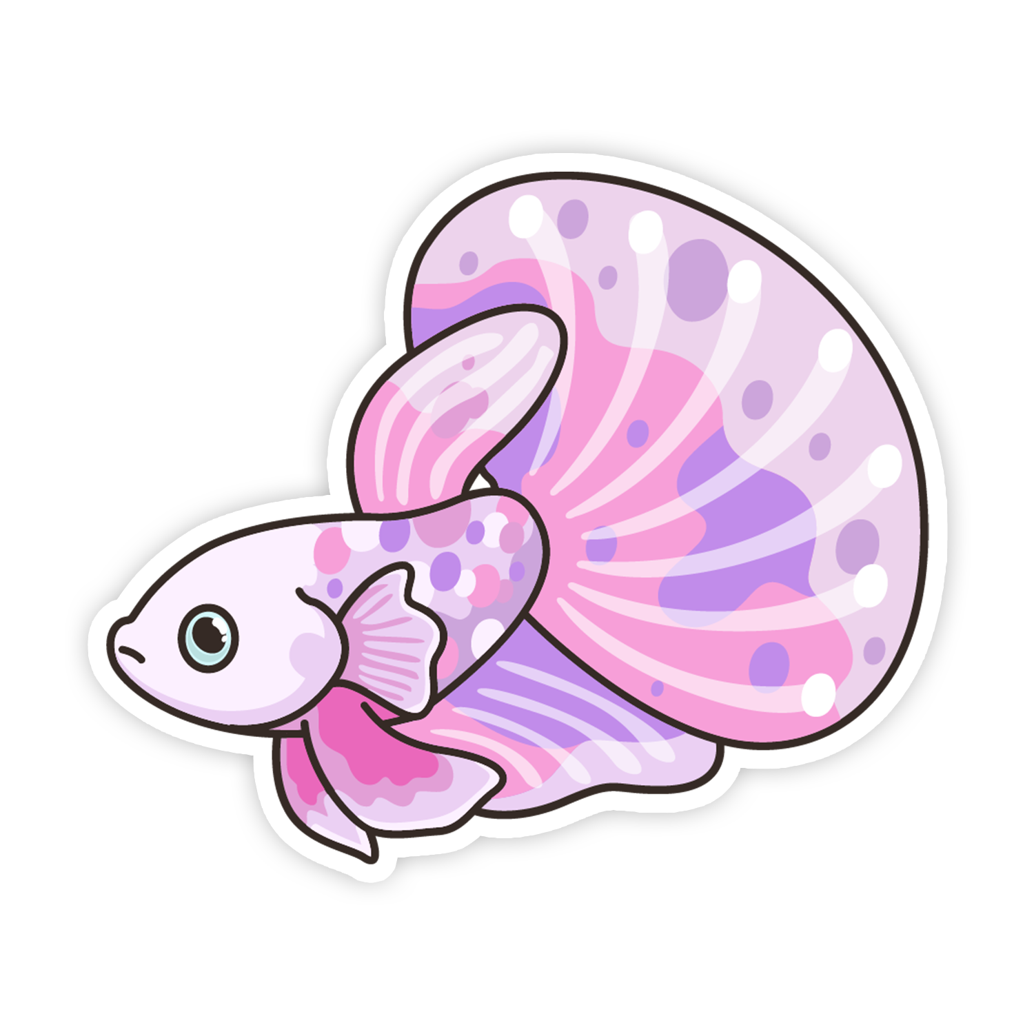 Sticker of a pink and purple fish with a shell on a white background