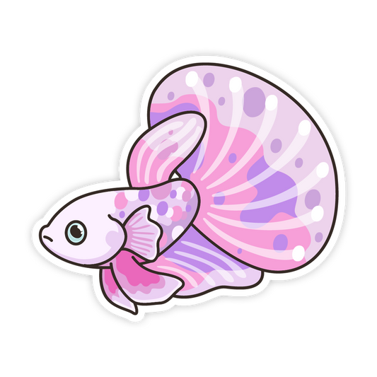 Sticker of a pink and purple fish with a shell on a white background