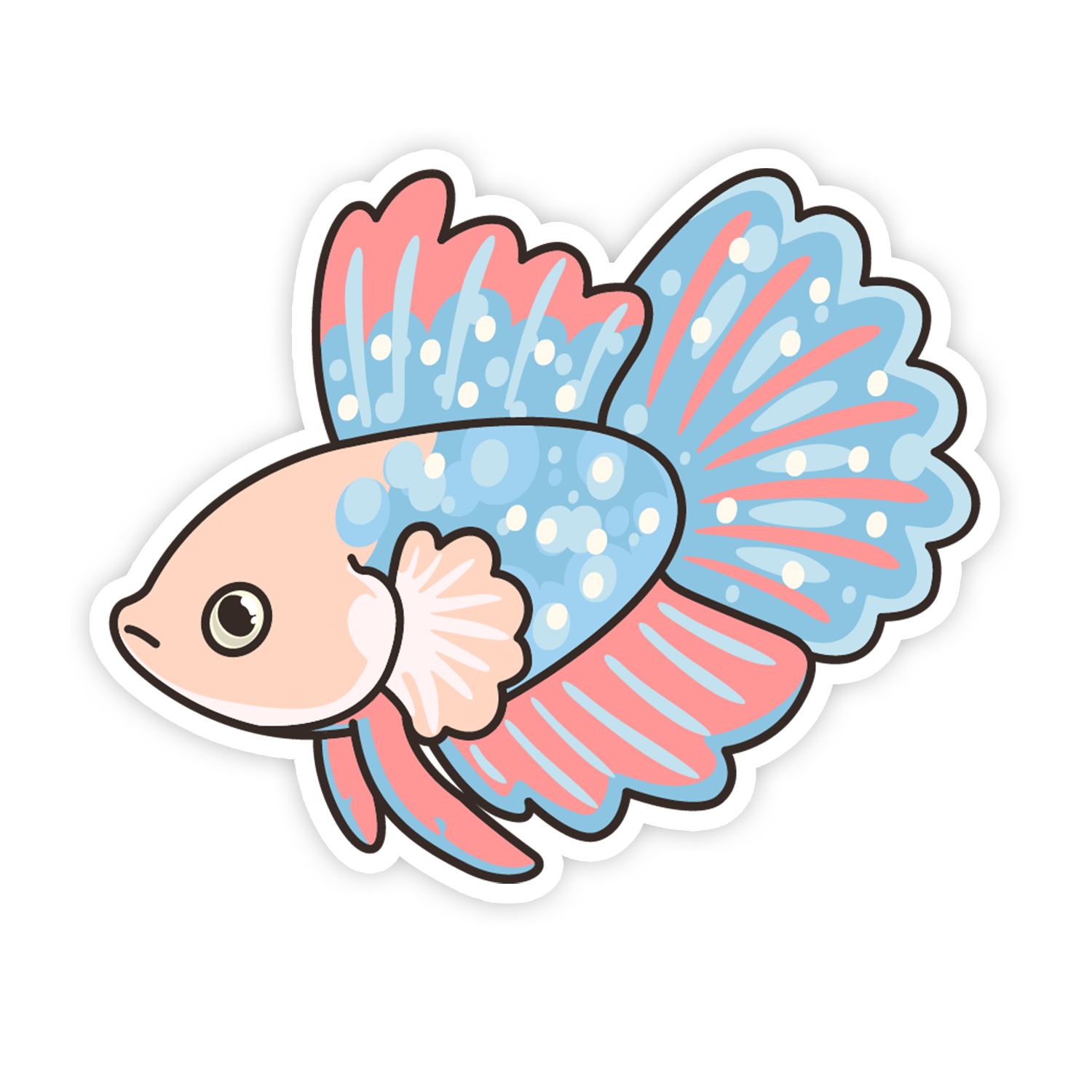 Cartoon fish with blue and pink fins on a white background
