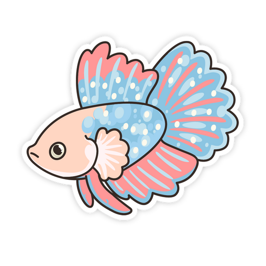 Cartoon fish with blue and pink fins on a white background