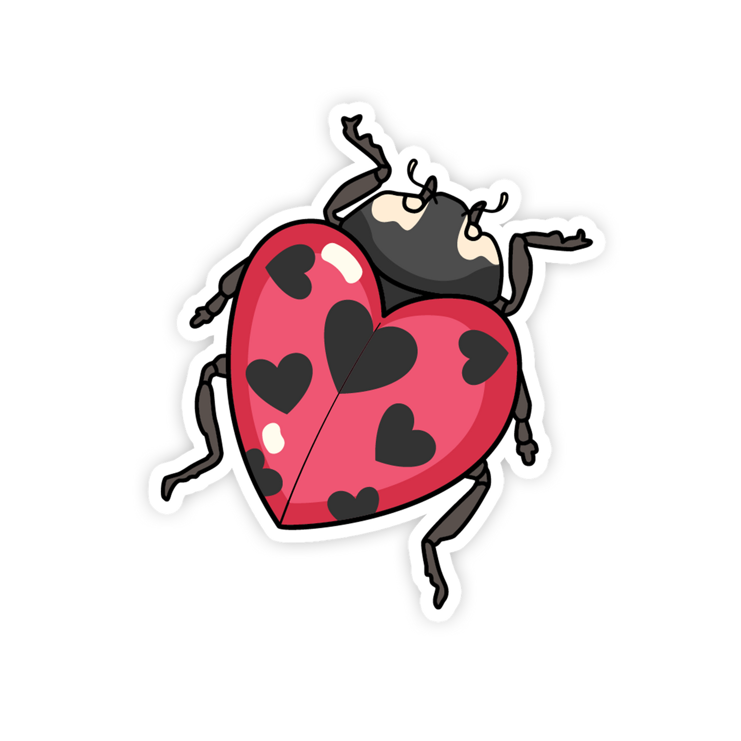 Cartoon ladybug with a red body and black heart patterns on a white background
