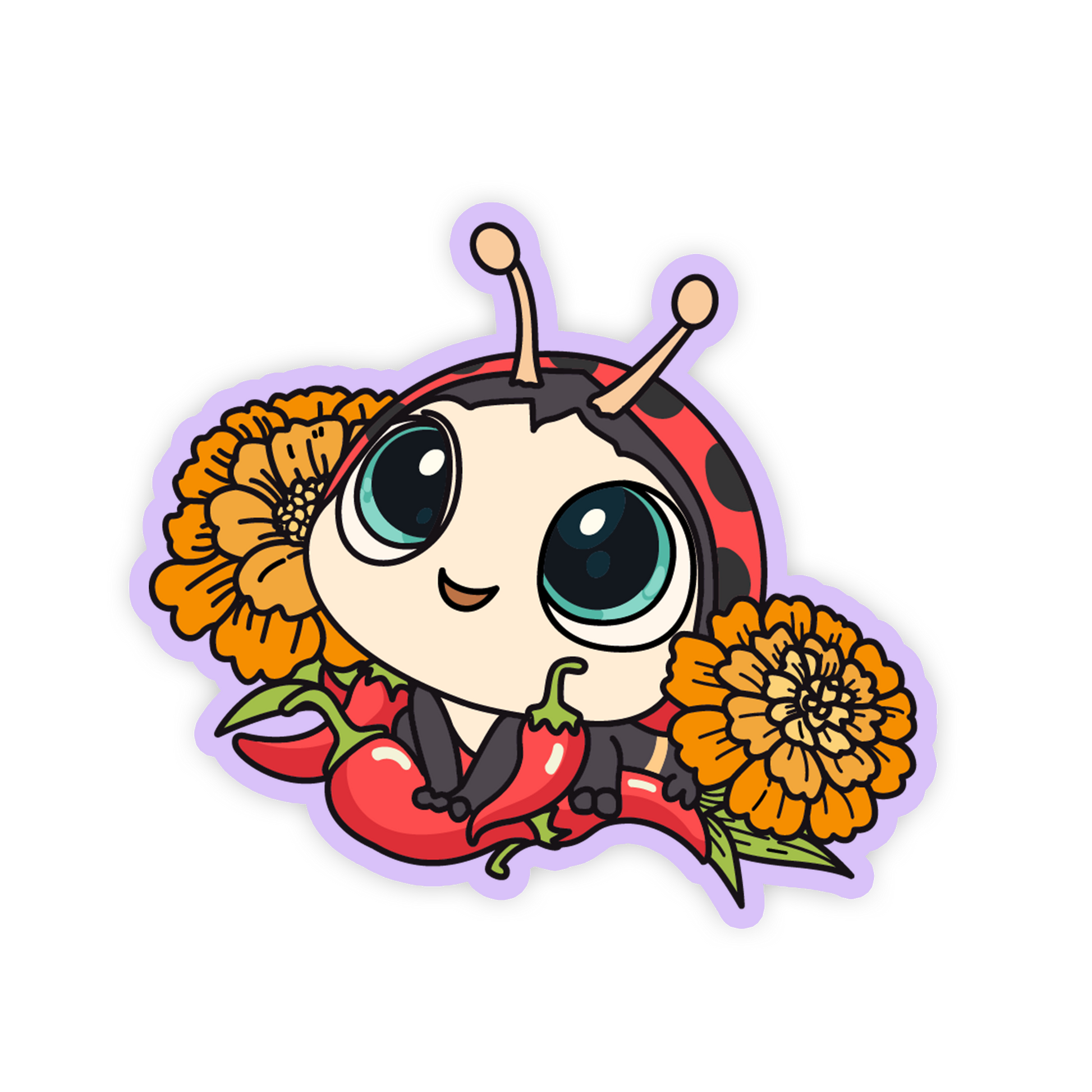 Cartoon ladybug character with flowers and a chili pepper on a white background