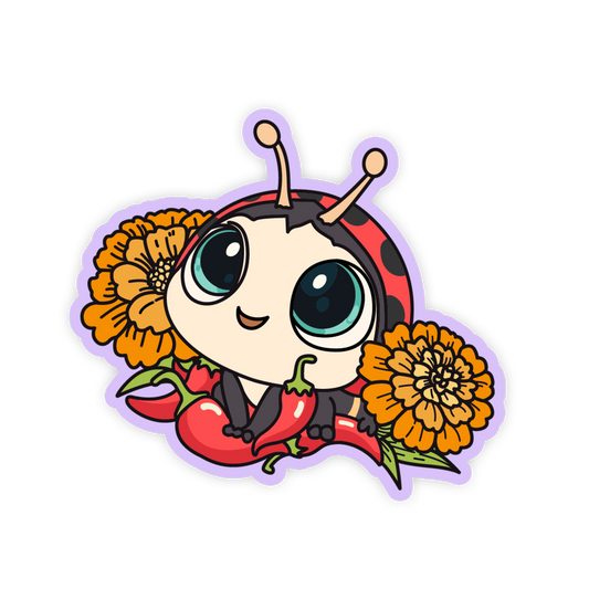 Cartoon ladybug character with flowers and a chili pepper on a white background
