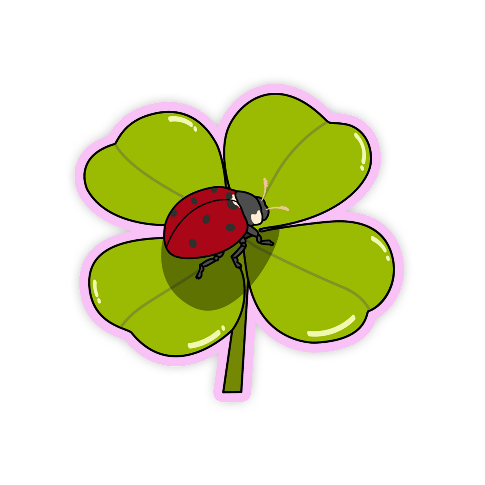 Cartoon ladybug on a four-leaf clover with a pink border on a white background