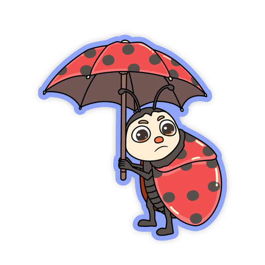 Cartoon ladybug holding a red umbrella with black spots on a white background