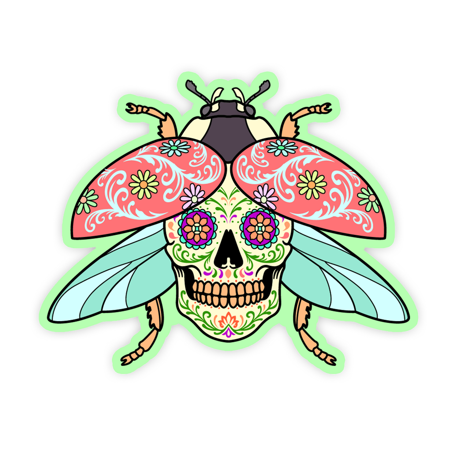 Colorful sugar skull butterfly design on a white background