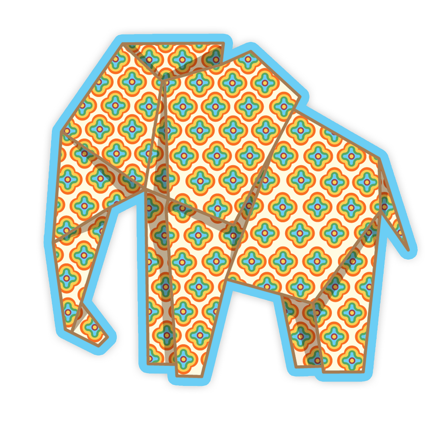 Colorful geometric-patterned paper elephant on a white background