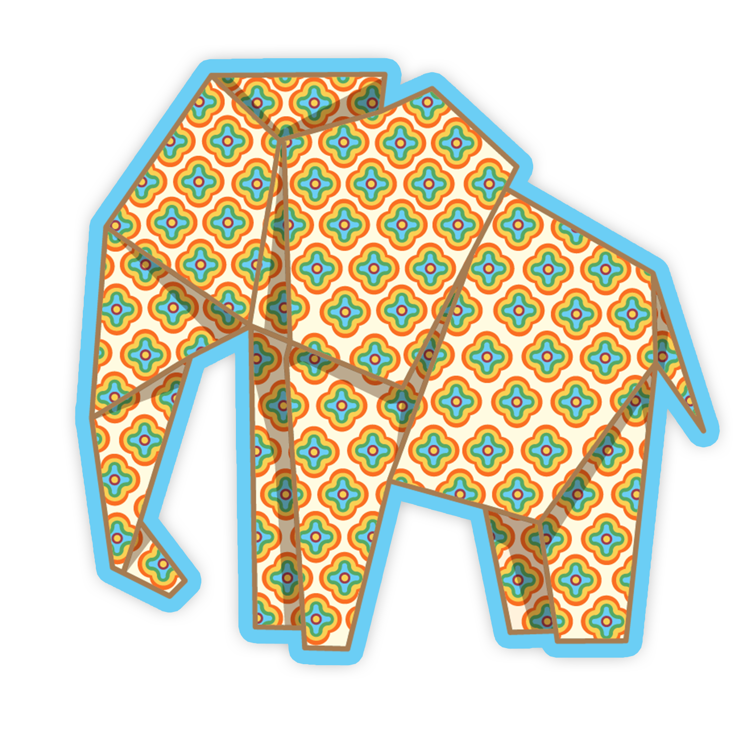 Colorful geometric-patterned paper elephant on a white background