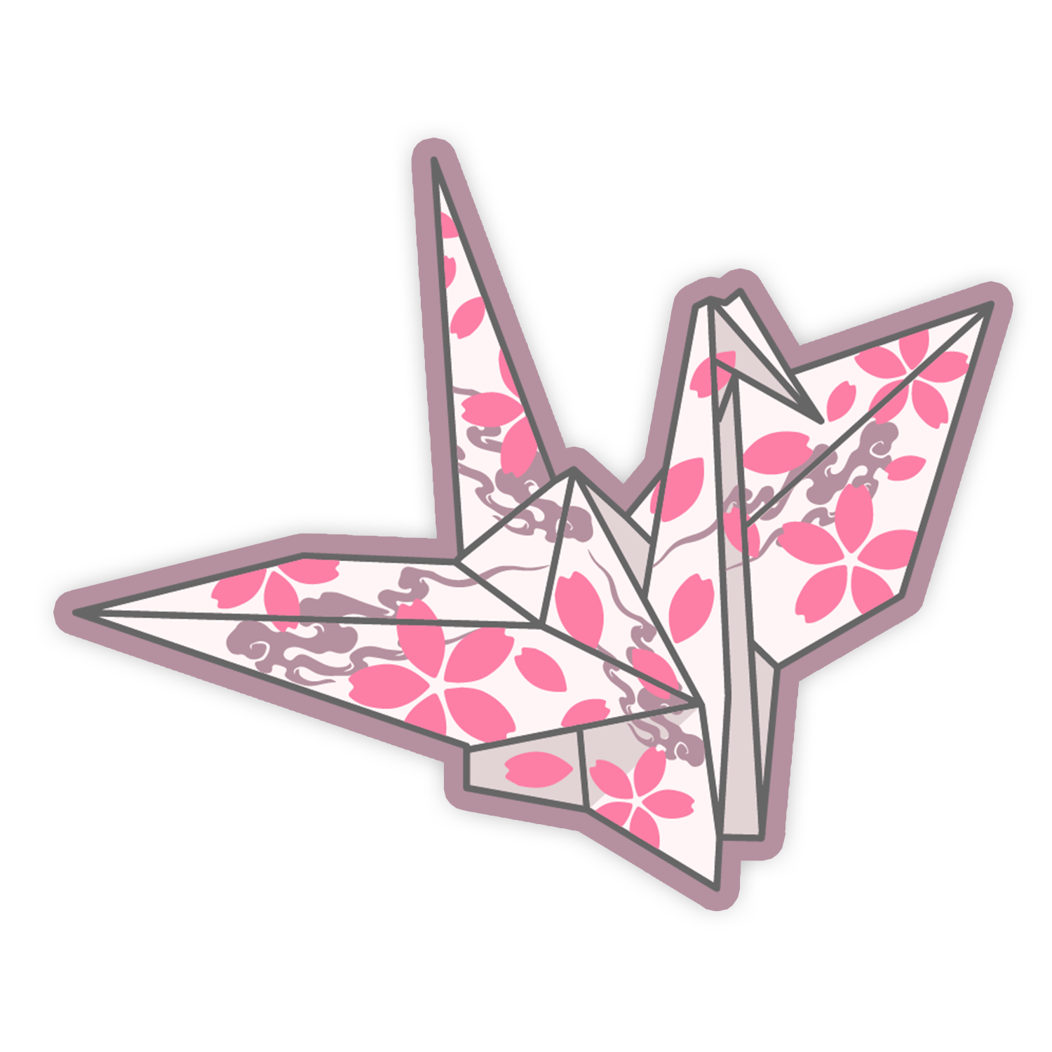 Origami crane with pink floral pattern on a white background