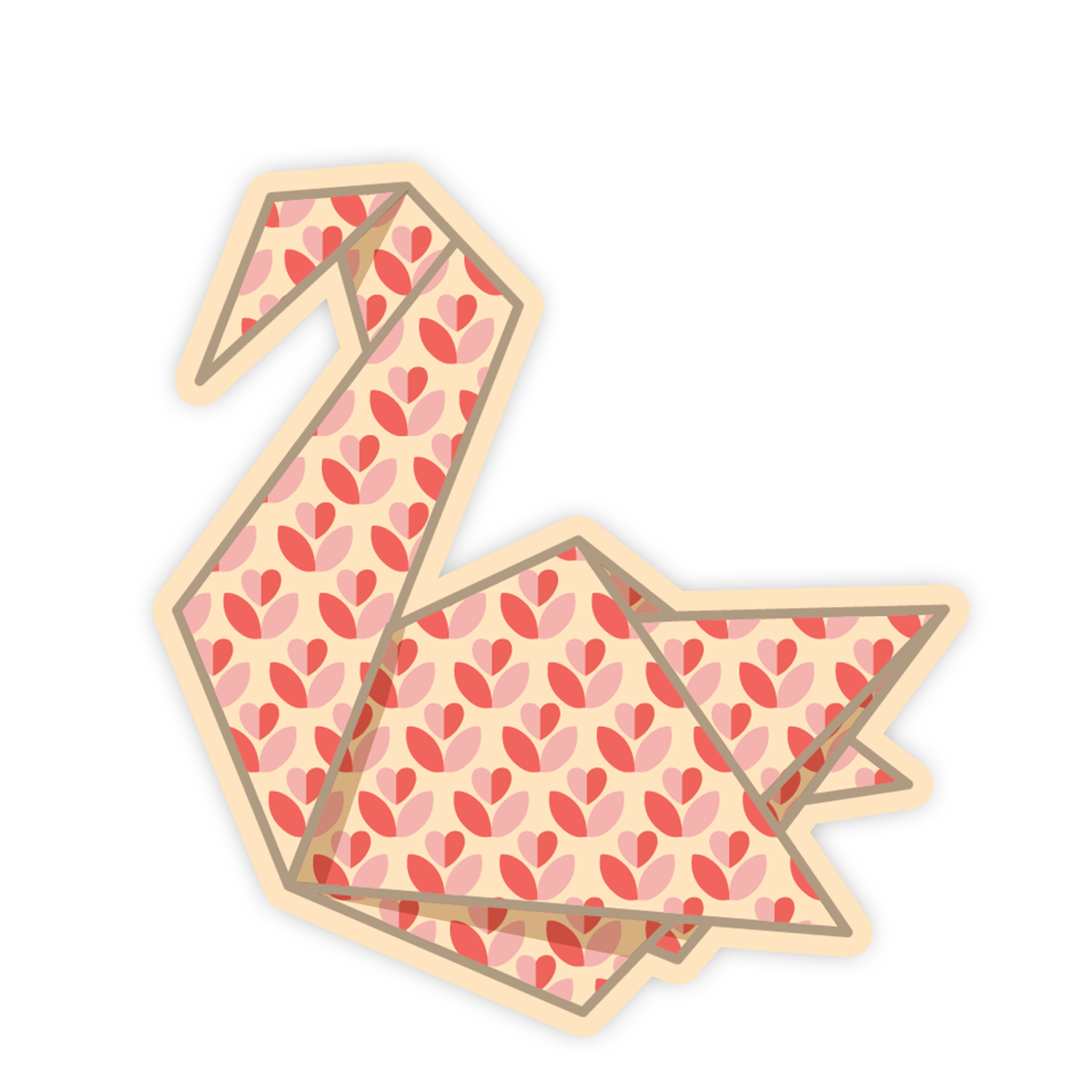 Two folded paper swans with pink heart pattern on a white background