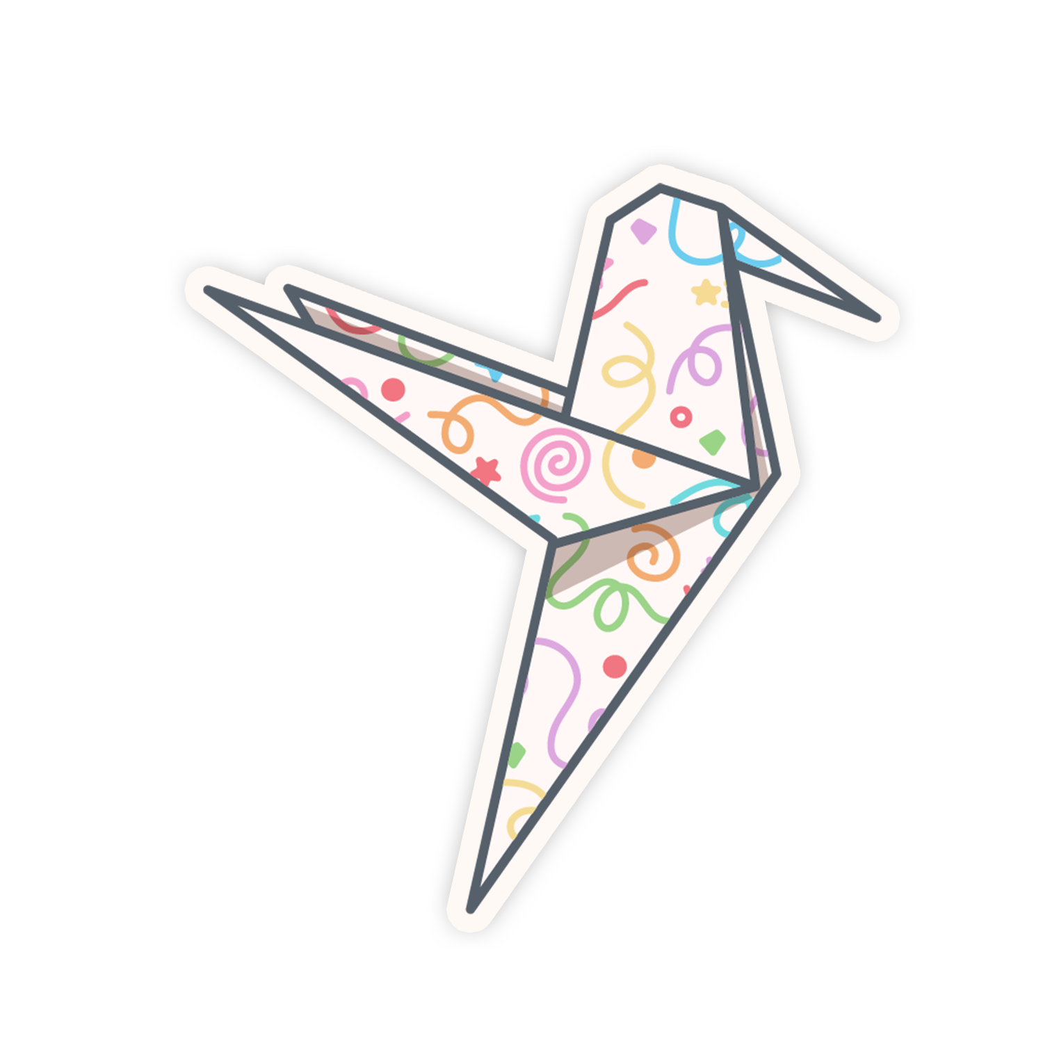 Colorful origami crane with patterns on a white background