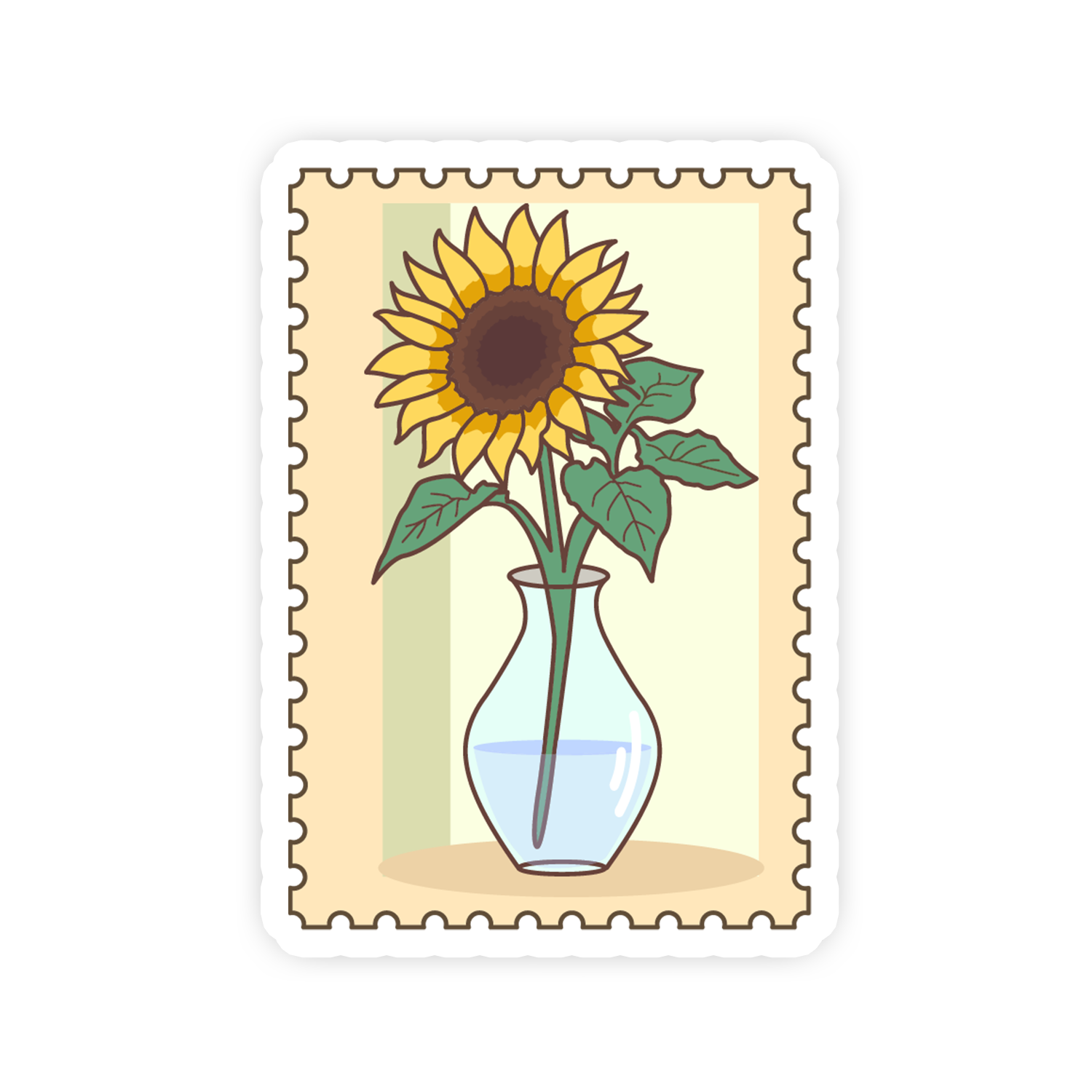 Stylized illustration of a sunflower in a vase on a decorative border.
