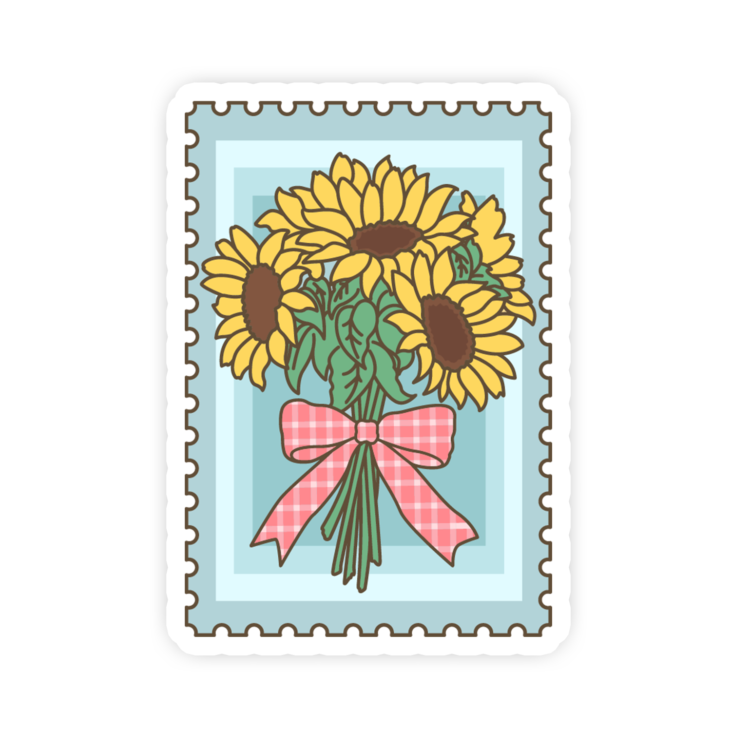 Stylized postage stamp with sunflowers and a pink bow on a light blue background