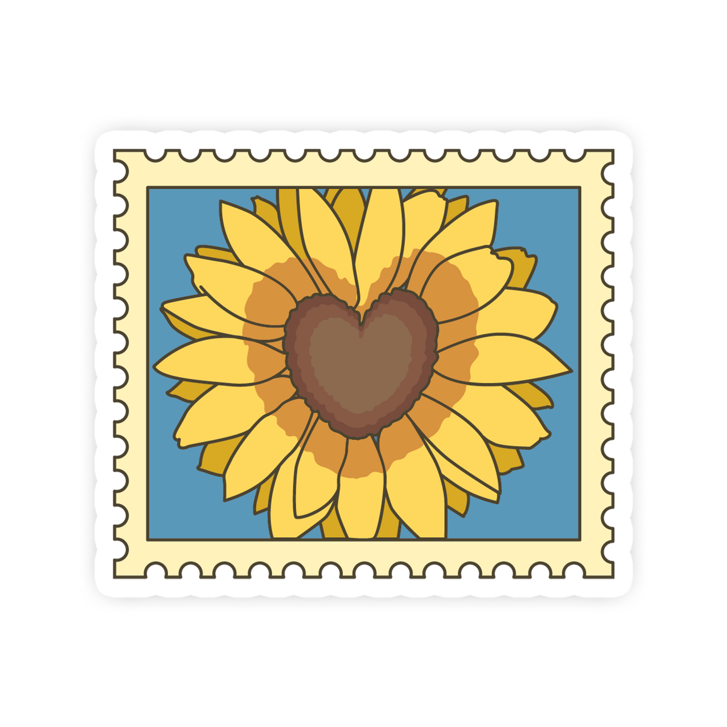 Sunflower with heart center on a postage stamp-style background