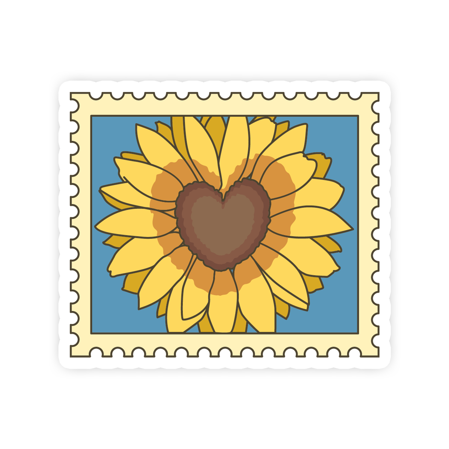 Sunflower with heart center on a postage stamp-style background