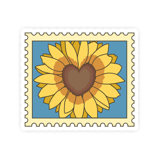 Sunflower with heart center on a postage stamp-style background