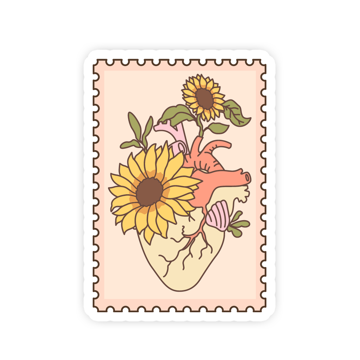 Sticker with a heart design featuring sunflowers on a light pink background