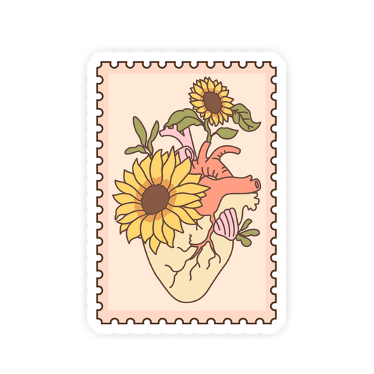 Sticker with a heart design featuring sunflowers on a light pink background