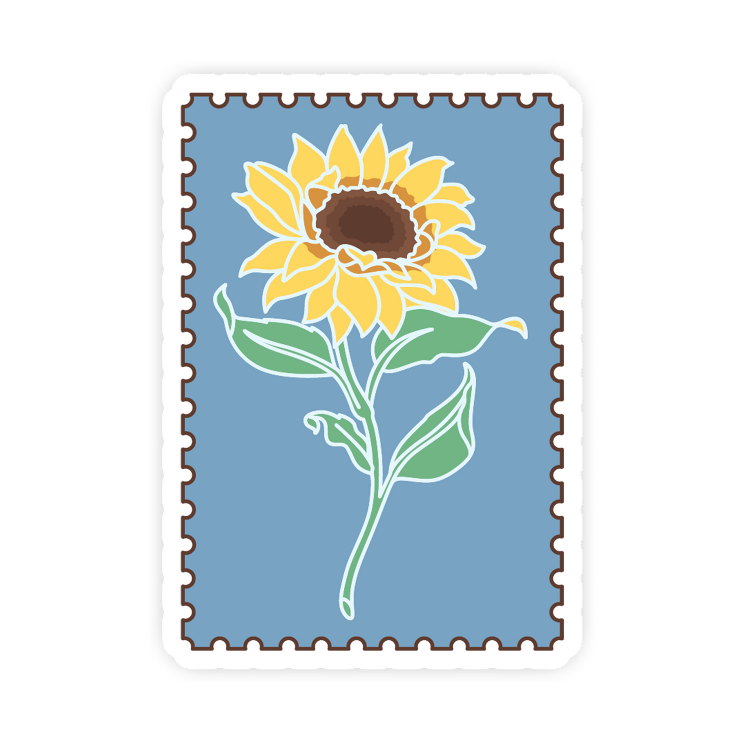 Stylized sunflower design on a blue background with a white border