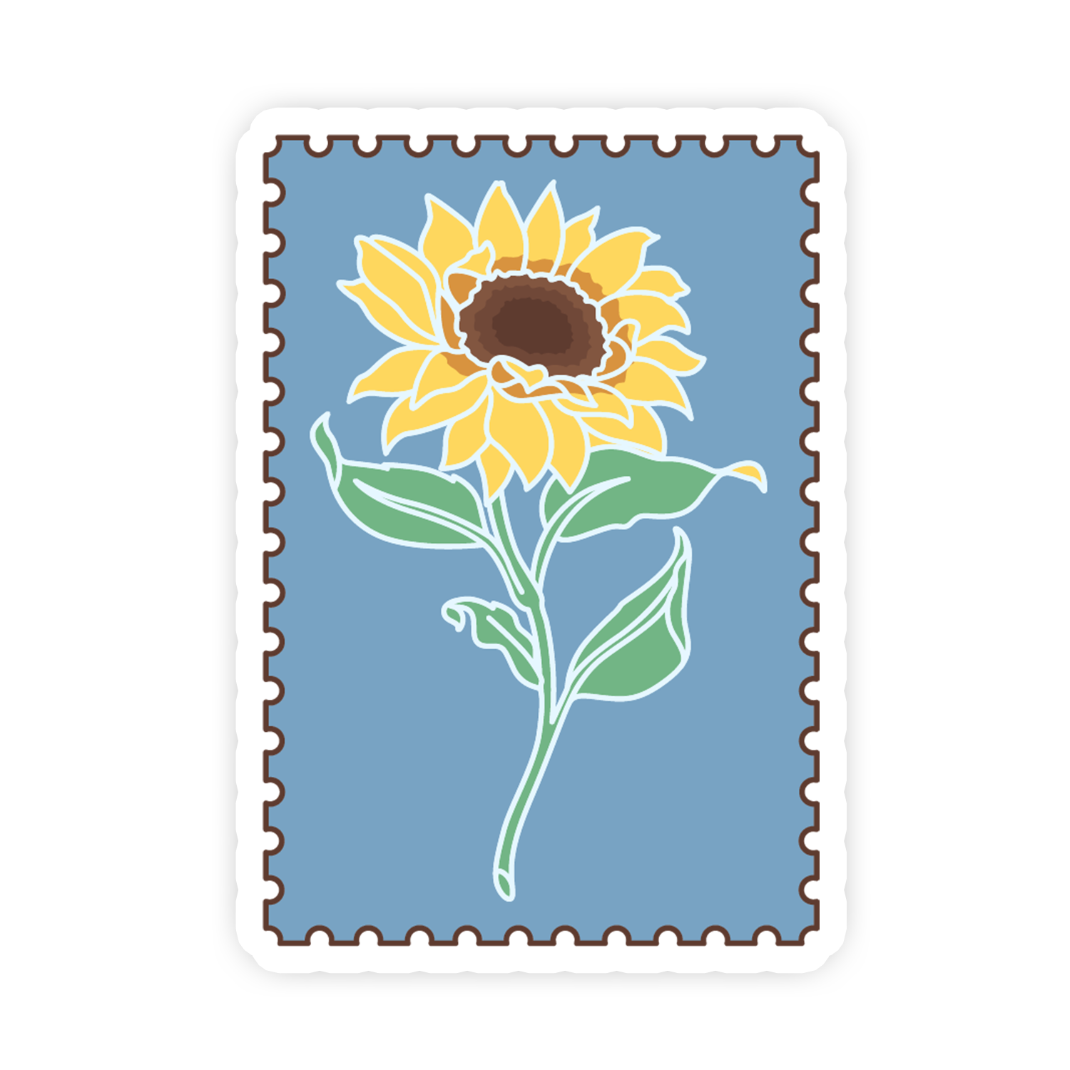 Stylized sunflower design on a blue background with a white border