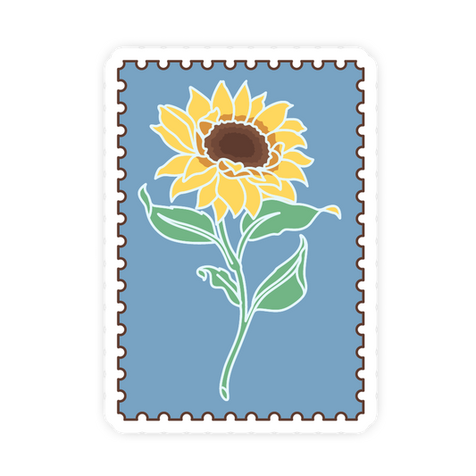Stylized sunflower design on a blue background with a white border