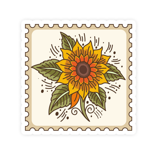 Stylized sunflower design on a postage stamp-style background