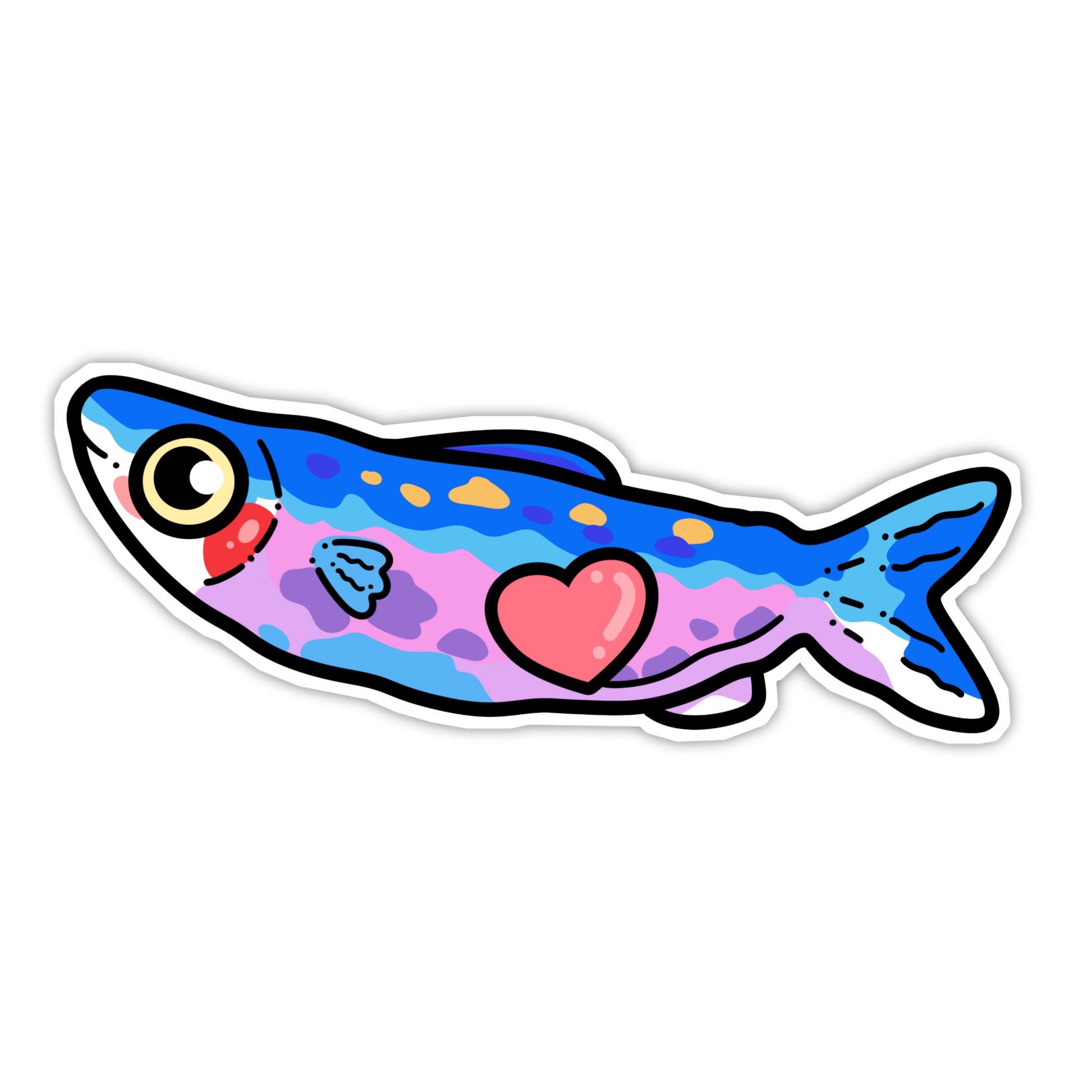 Colorful fish-shaped sticker with a heart on a white background