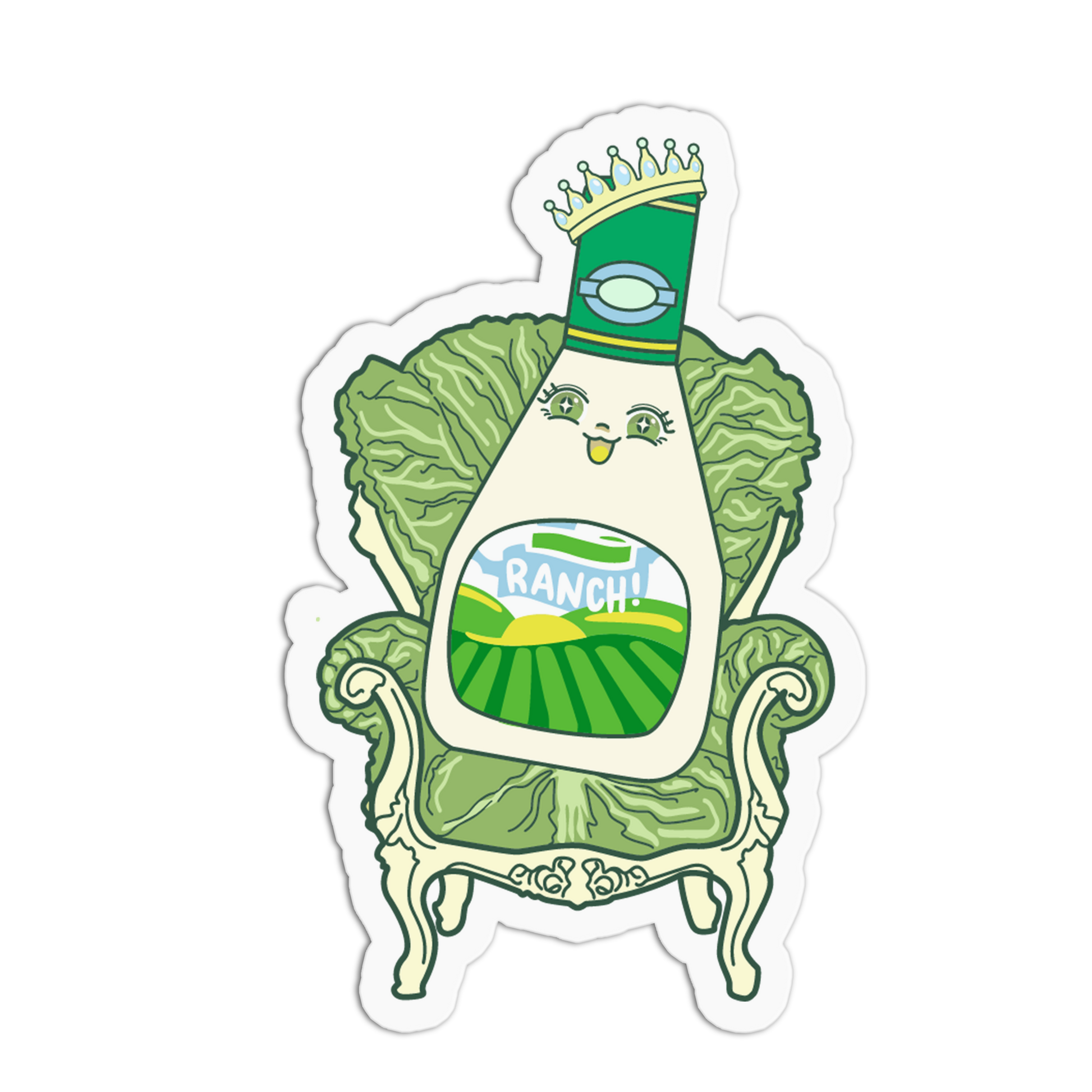 Cartoon bottle of Ranch dressing with a crown on a leafy green background