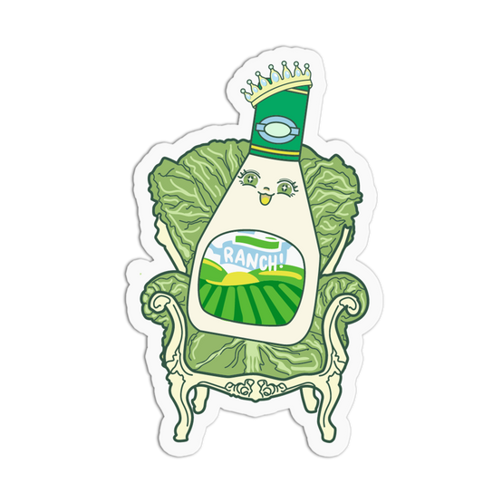 Cartoon bottle of Ranch dressing with a crown on a leafy green background