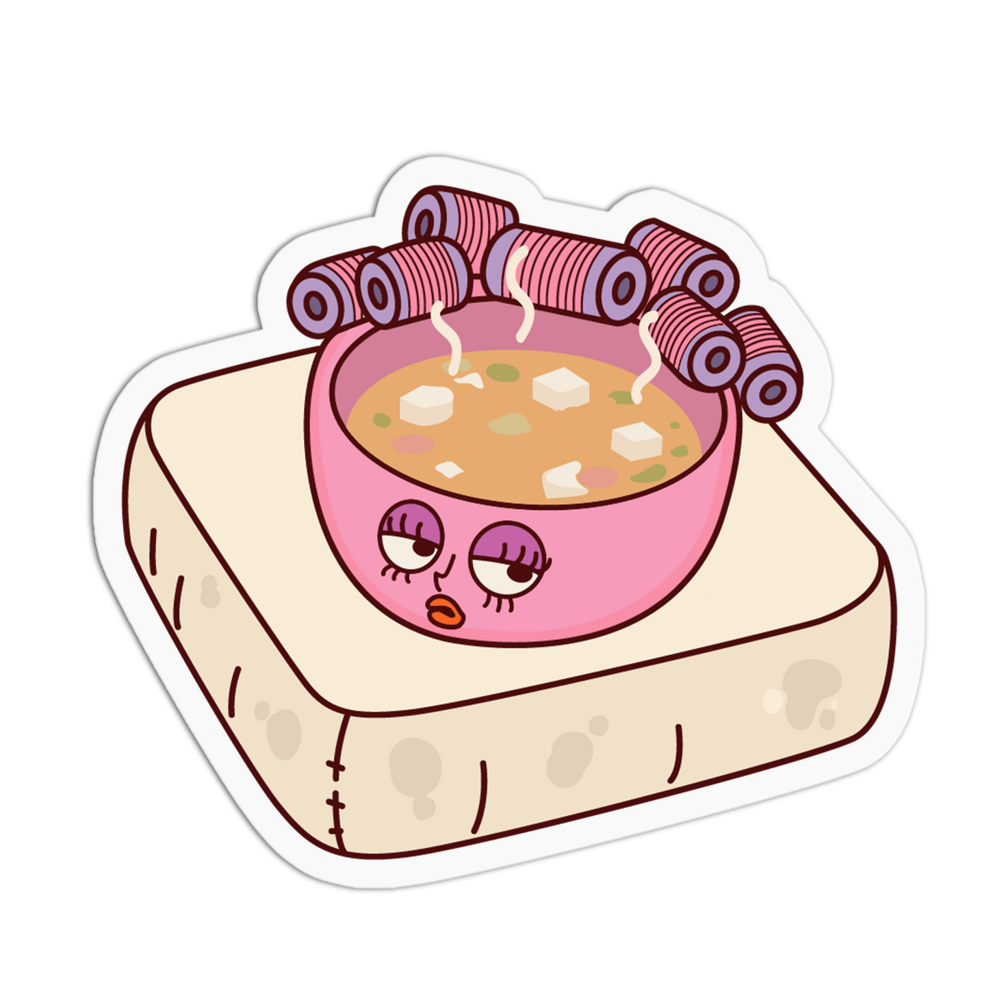 Cartoon illustration of a pink bowl of soup with chopsticks on a piece of bread.