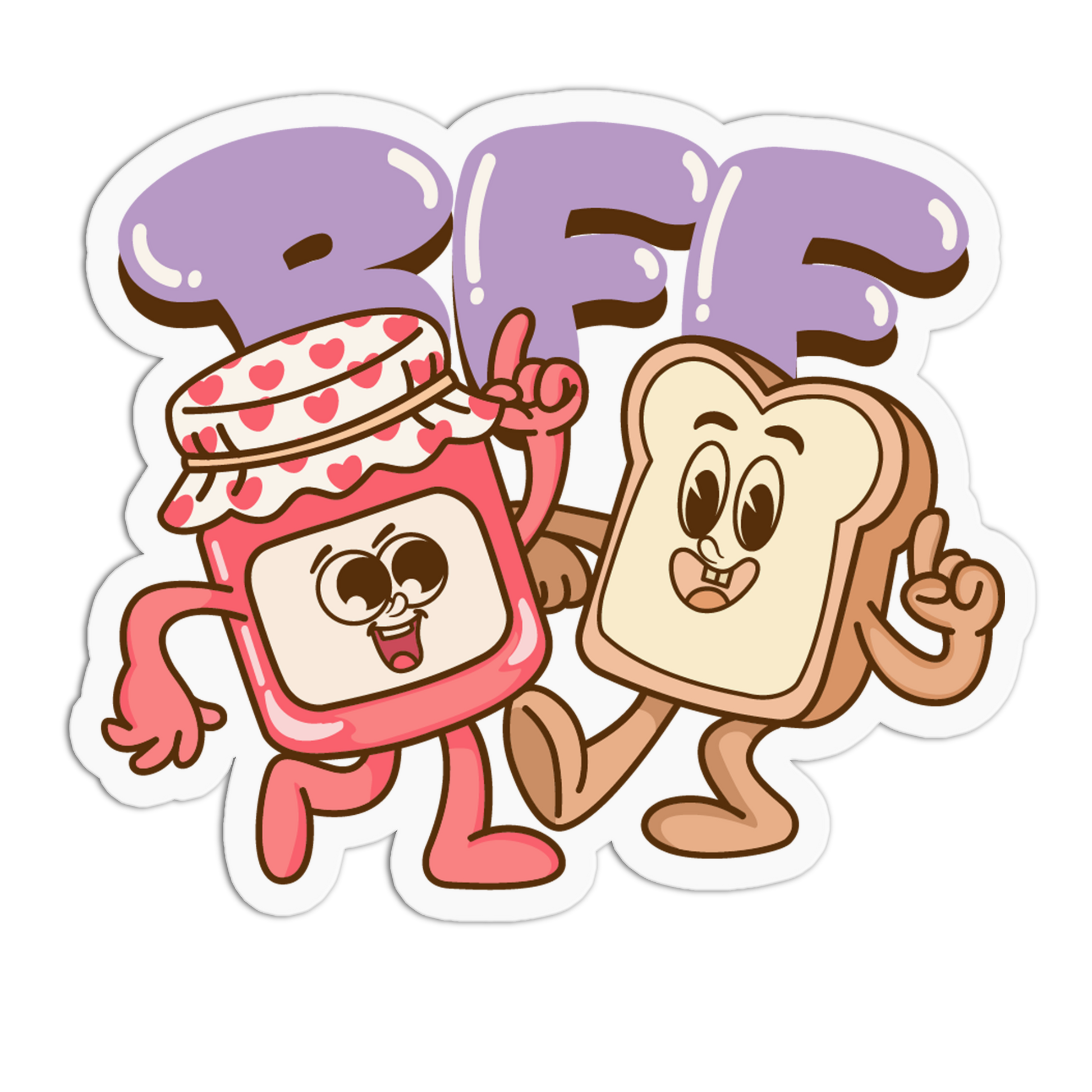 Cartoon characters of a jelly jar and slice of bread with jelly on a white background