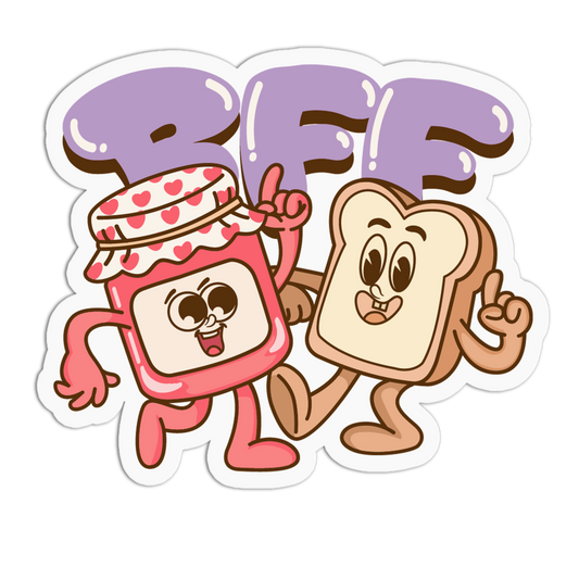 Cartoon characters of a jelly jar and slice of bread with jelly on a white background