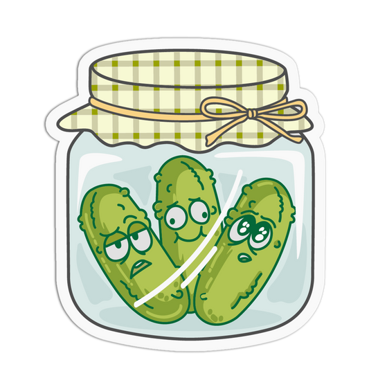 Cartoon pickle jar with three pickles inside on a white background