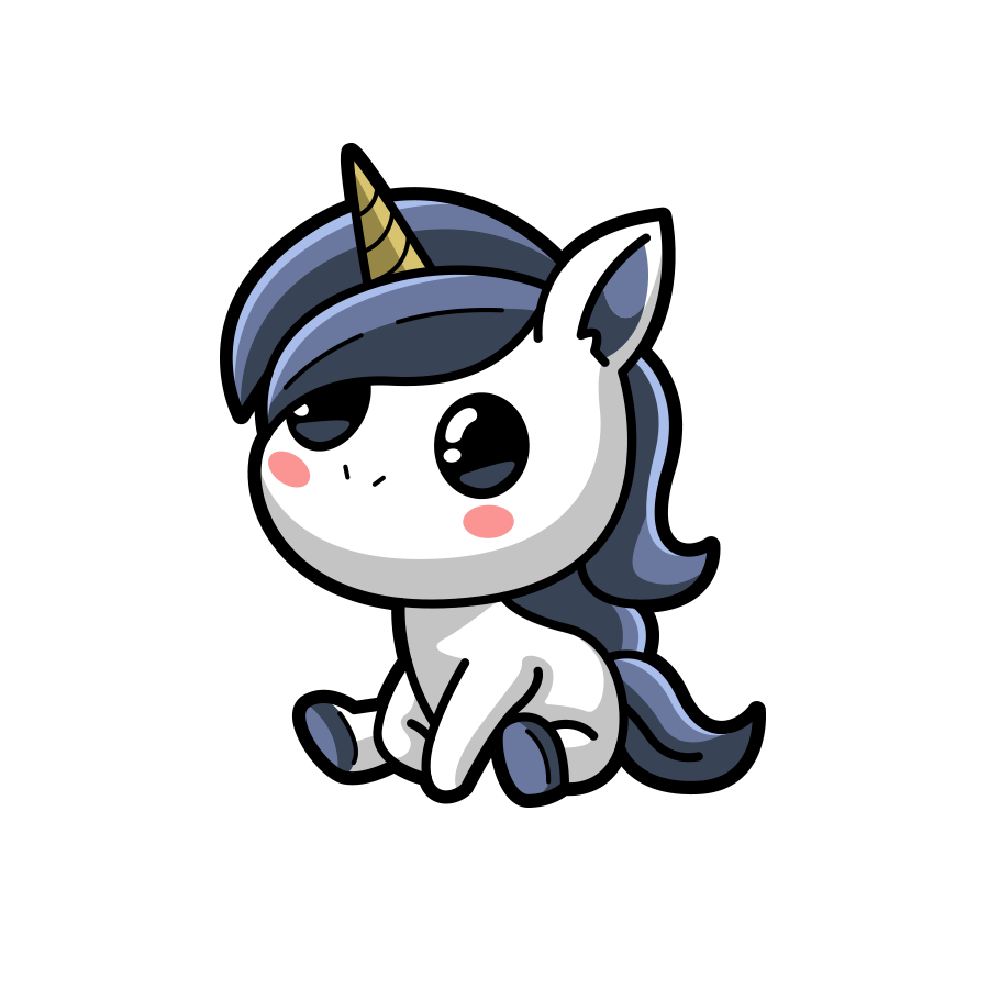 Cartoon unicorn with blue hair and a yellow horn on a white background