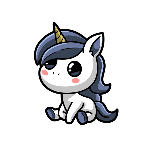 Cartoon unicorn with blue hair and a yellow horn on a white background