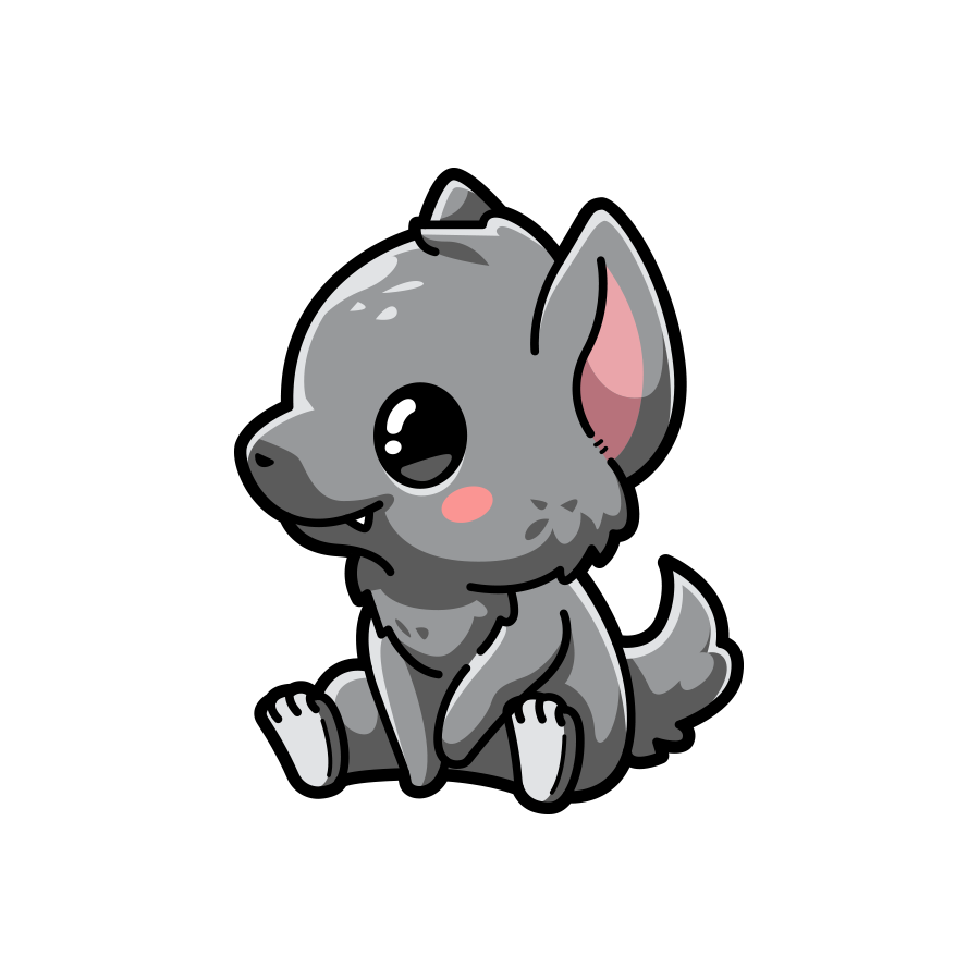 Cartoon gray dog with pink inner ears on a white background