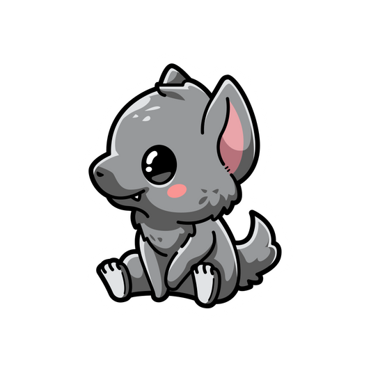Cartoon gray dog with pink inner ears on a white background