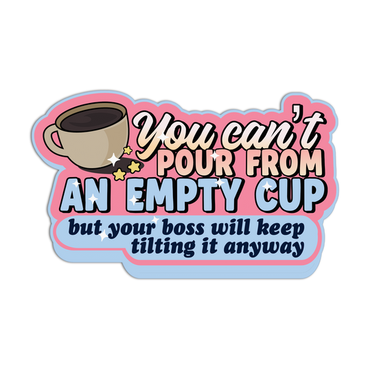 Cartoon coffee cup with humorous text on a white background