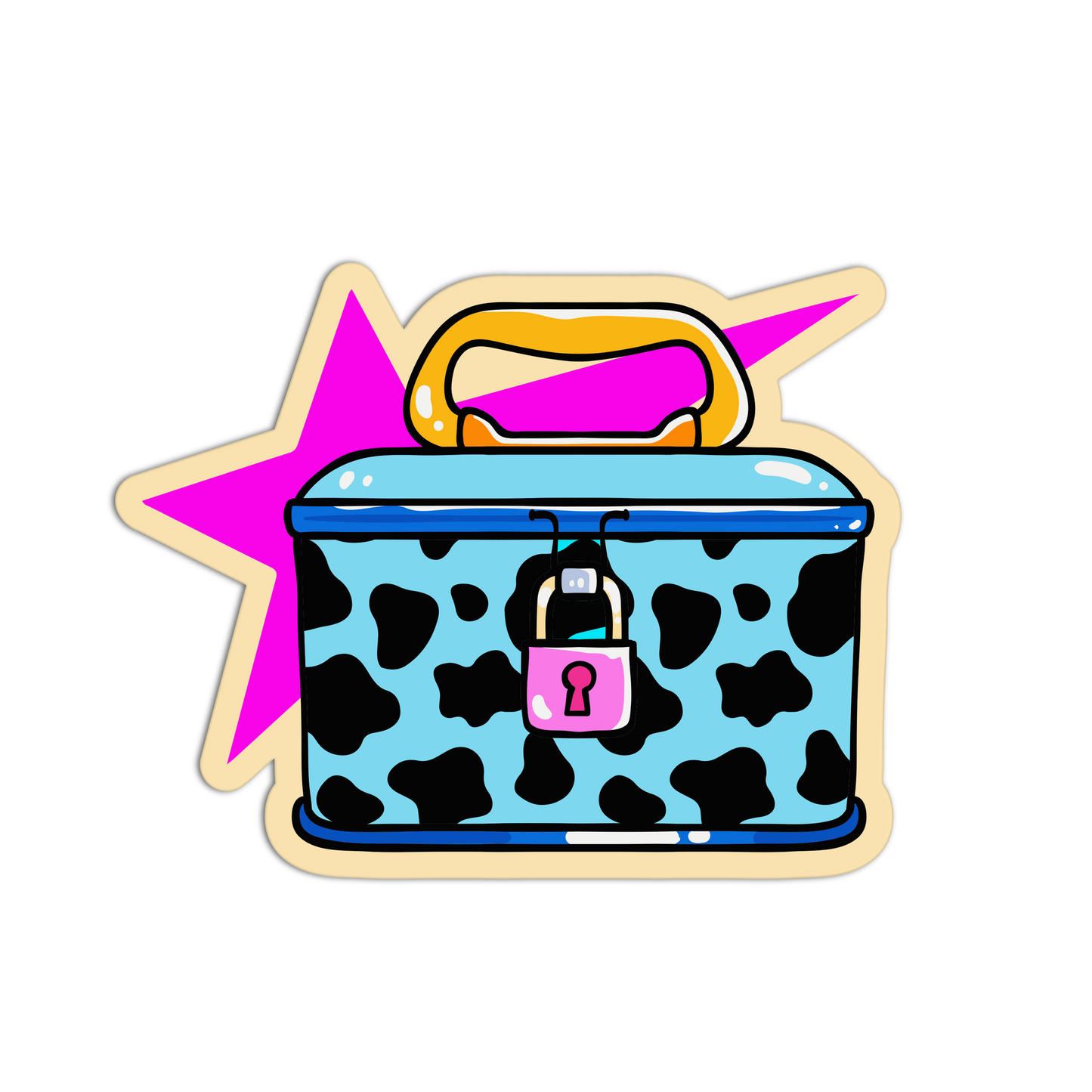 A stylized illustrated lunch box or briefcase with a light blue body, black cow-print spots, a bright pink lock, and a yellow handle, centered on a white background with a large pink star behind it.