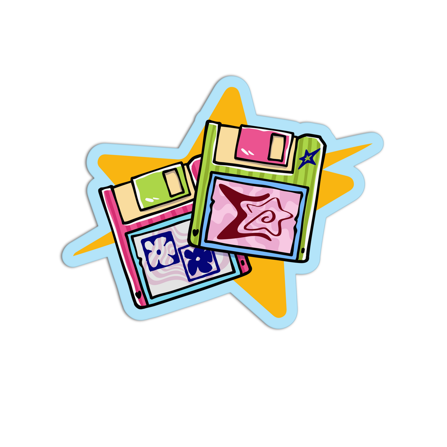 A colorful graphic sticker or decal featuring three retro floppy disk illustrations layered over a yellow starburst shape with a light blue outline, on a plain white background.