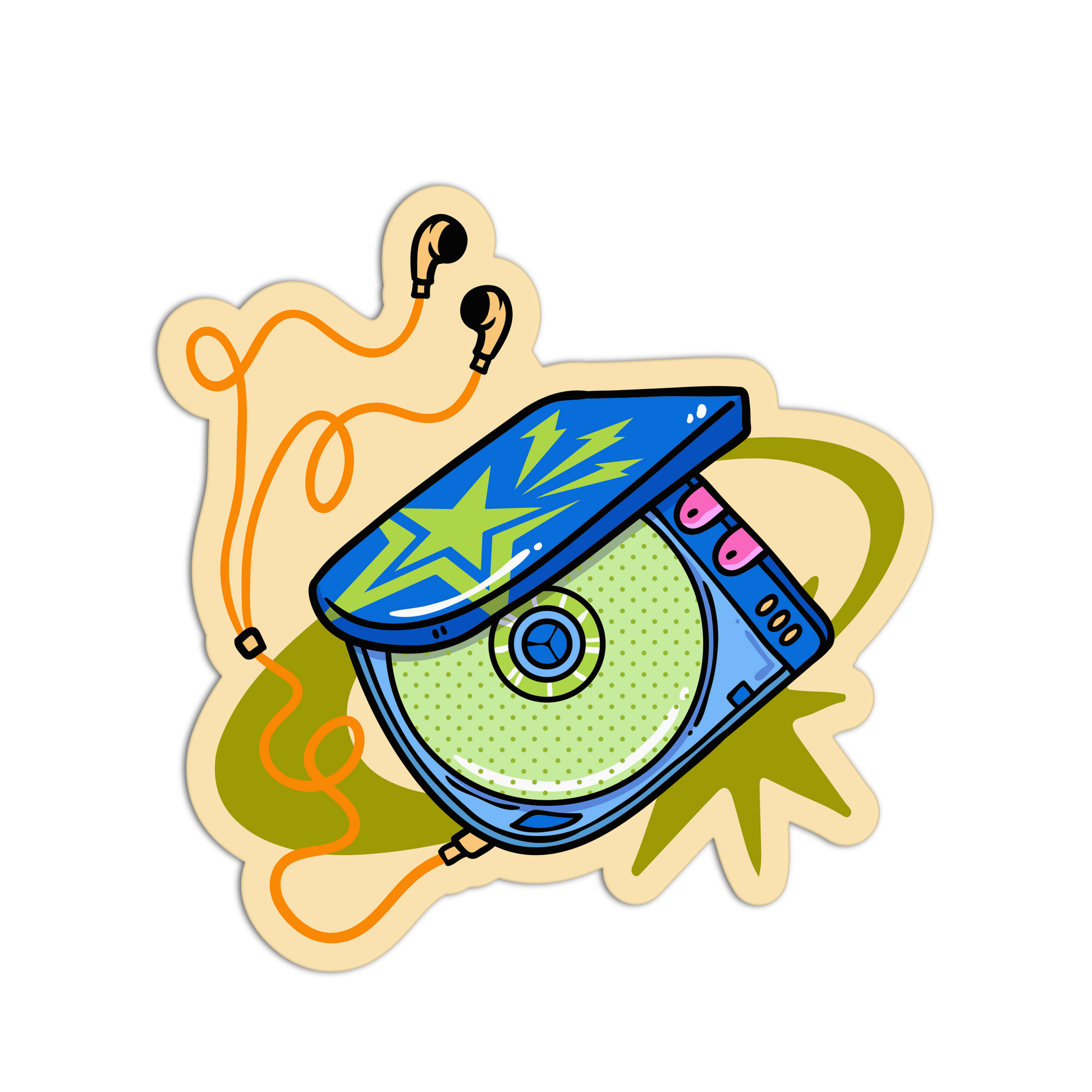 A colorful retro-style sticker illustration of an open portable cassette player with earphones, a green dotted disc, and orange cord details on a beige die-cut background.