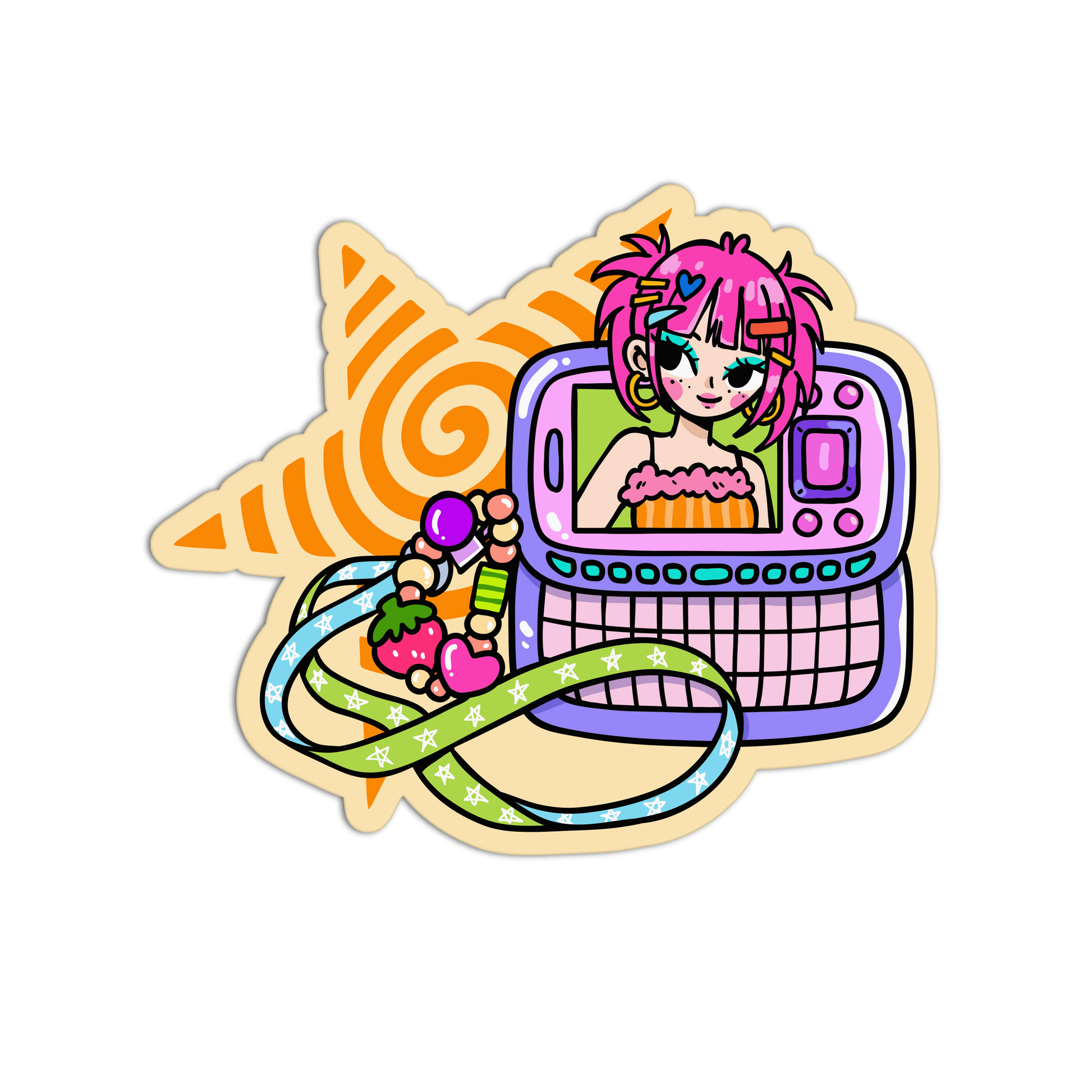 A die-cut sticker featuring a colorful cartoon illustration of a girl with pink hair sitting in a retro purple typewriter, holding a pink phone and a green ribbon, with an orange spiral shell in the background.