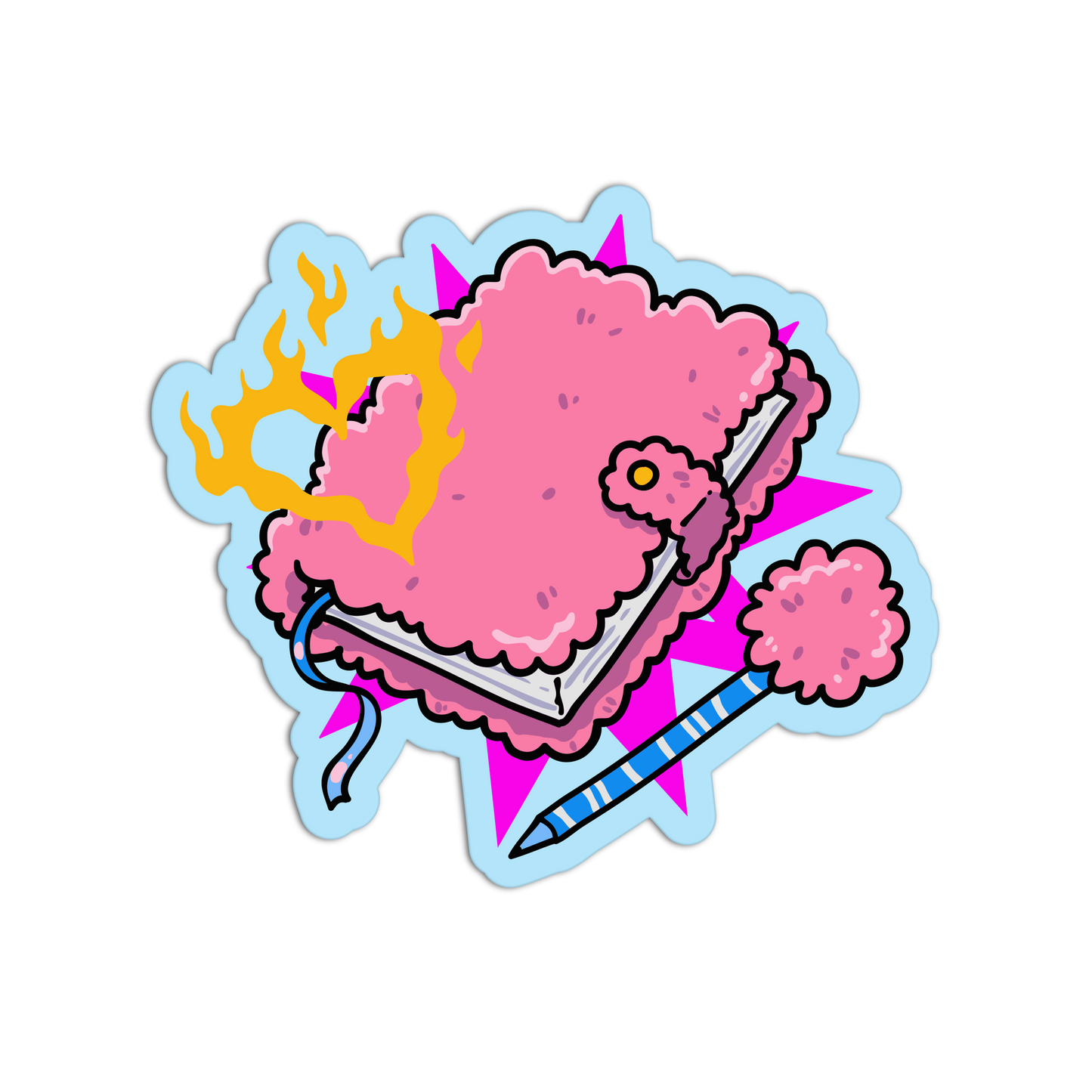 A die-cut sticker featuring a whimsical illustration of a pink fluffy notebook or book with yellow-orange flames on the left, a small pink flower clasp, a blue-and-white striped pencil, and pink pom-pom accents on a light blue and pink background.