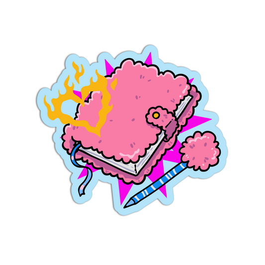 A die-cut sticker featuring a whimsical illustration of a pink fluffy notebook or book with yellow-orange flames on the left, a small pink flower clasp, a blue-and-white striped pencil, and pink pom-pom accents on a light blue and pink background.