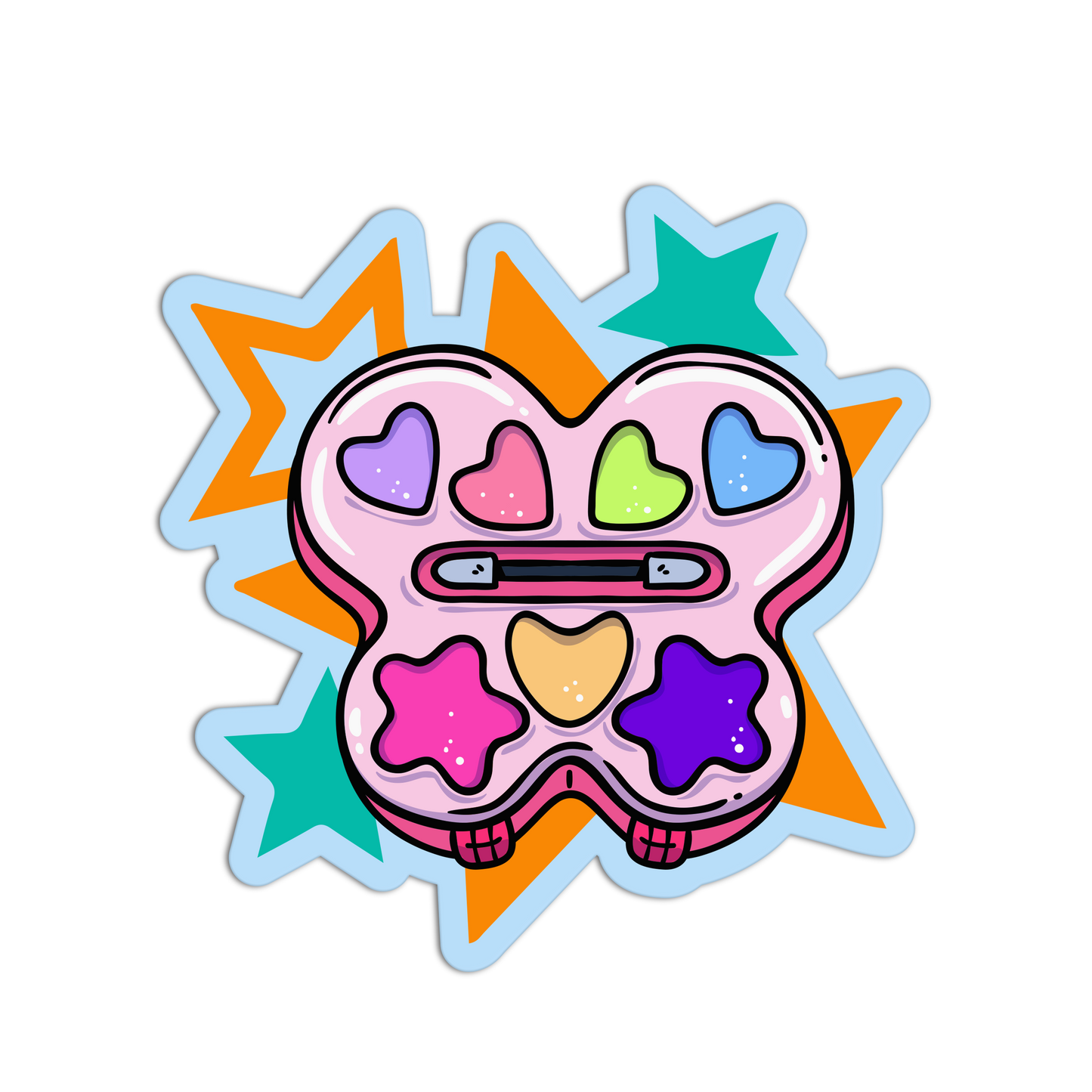 A die-cut sticker featuring a cartoon-style pastel makeup palette with six colorful pans and starburst accents in orange, teal, and pink on a white background.