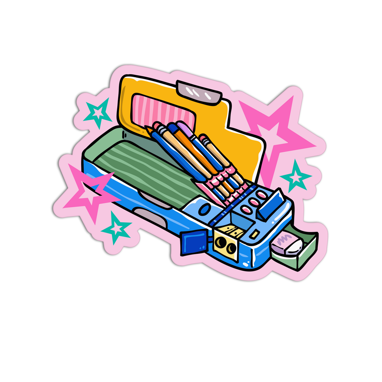 A colorful cartoon-style sticker or illustration of an open pencil case with pencils, stars, and small accessories on a plain white background.