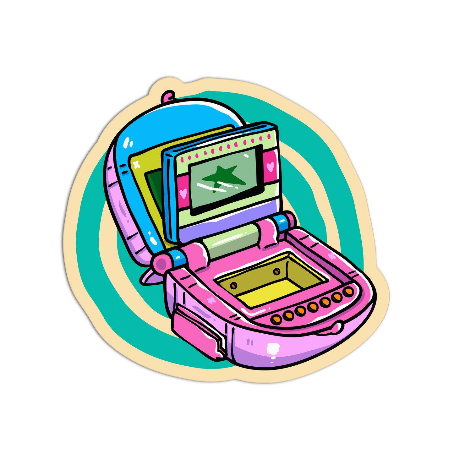 A colorful cartoon-style sticker or decal of an open handheld game console, shown on a plain white background.