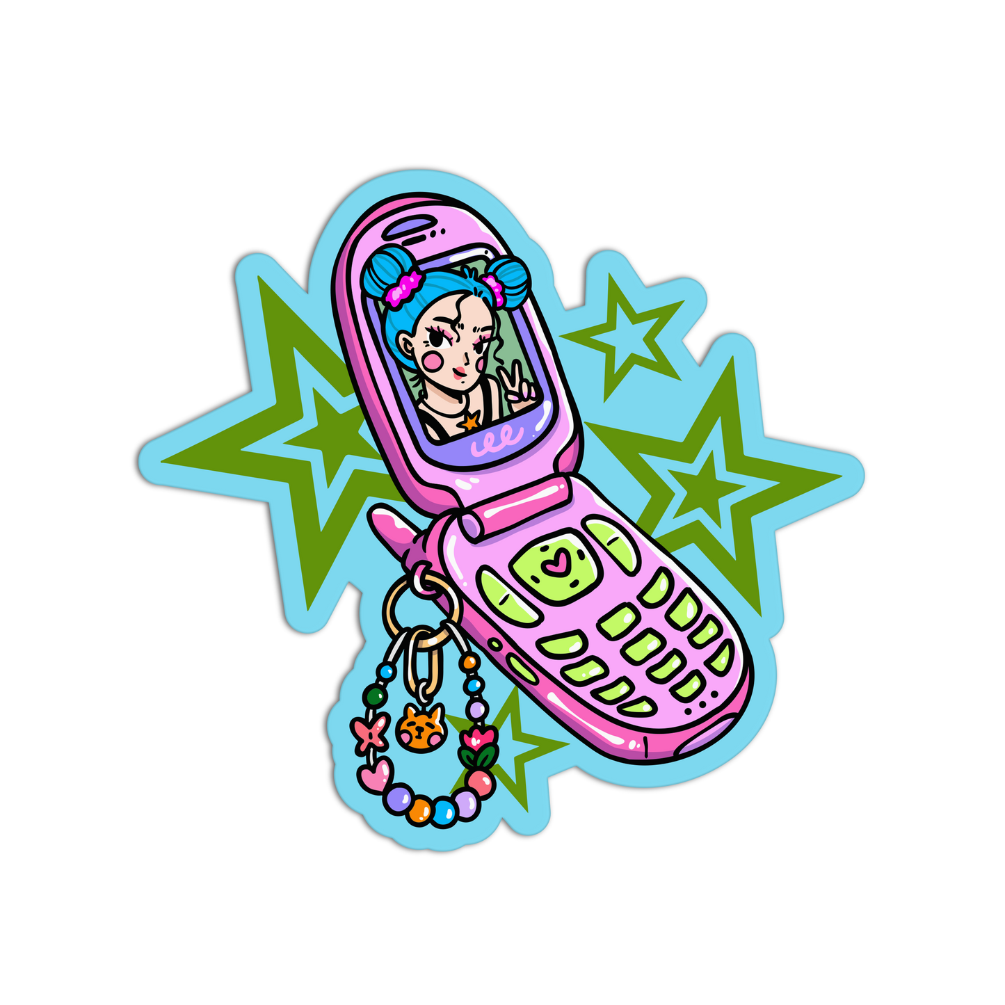 A die-cut sticker featuring a retro pink flip phone with a colorful beaded charm, set against green stars on a light blue background.